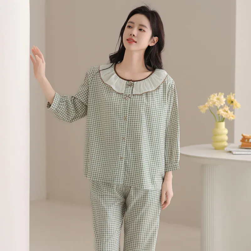 FENTENG Pajama Set Women's Green Plaid-3