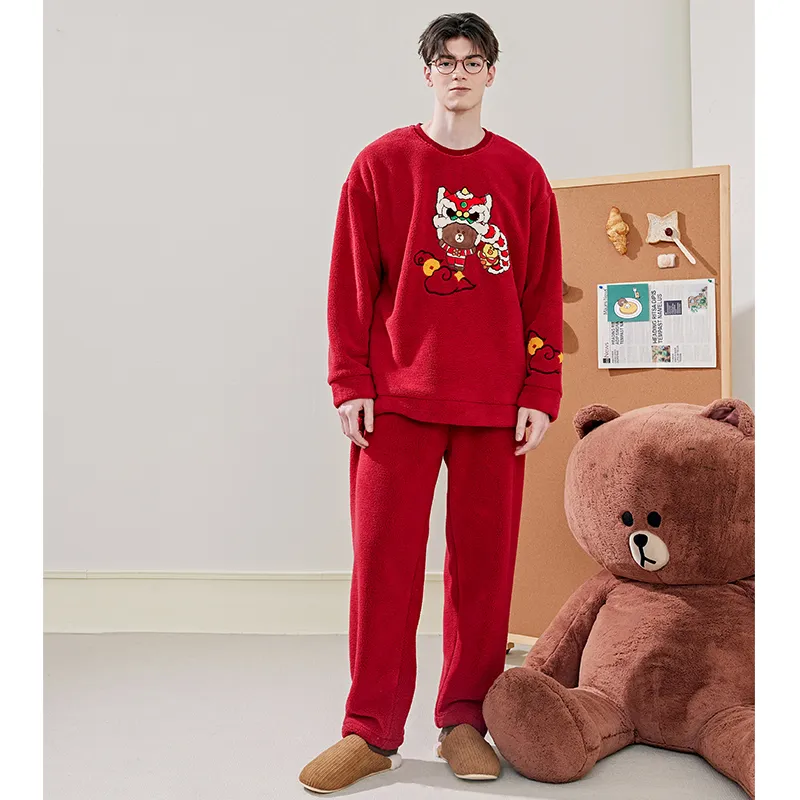FENTENG Brown Bear Pajama Set Men's Red-4