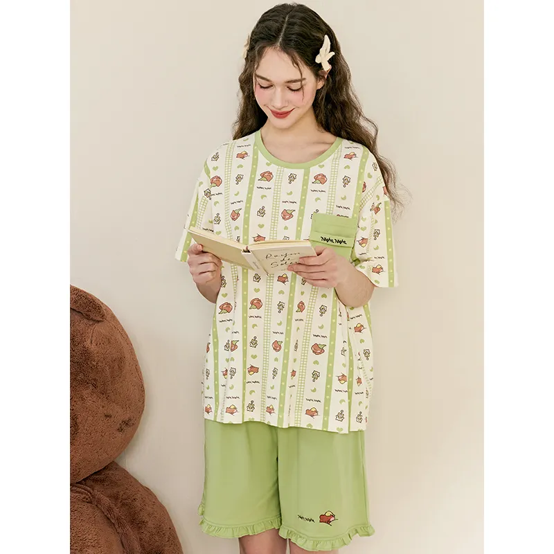 FENTENG x LINE FRIENDS Brown Bear Pajama Set Women's Grass Green-3