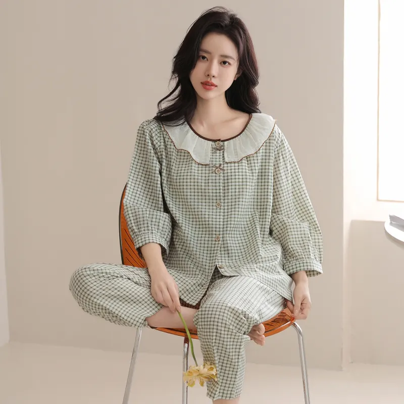 FENTENG Pajama Set Women's Green Plaid-1