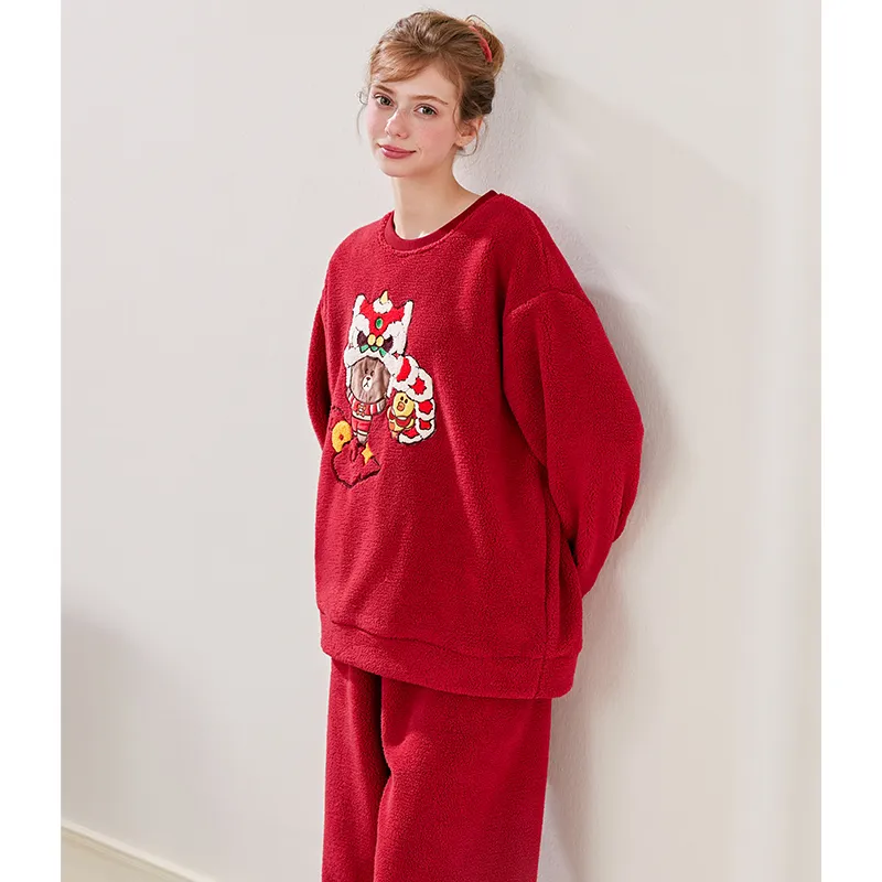FENTENG x LINE FRIENDS Brown Bear Pajama Set Women's Red-3