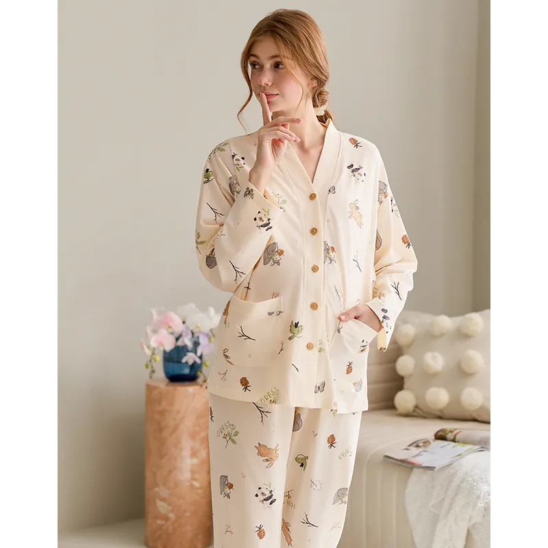 FENTENG Pajama Set Women's Beige Apricot-3