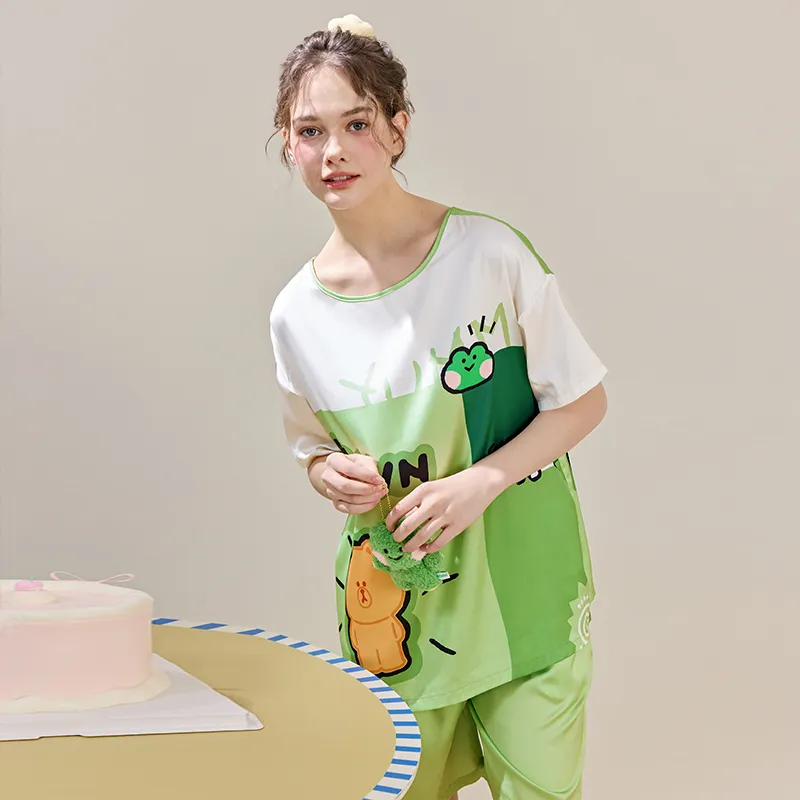 FENTENG Brown Bear Pajama Set Women's Fresh Green-2