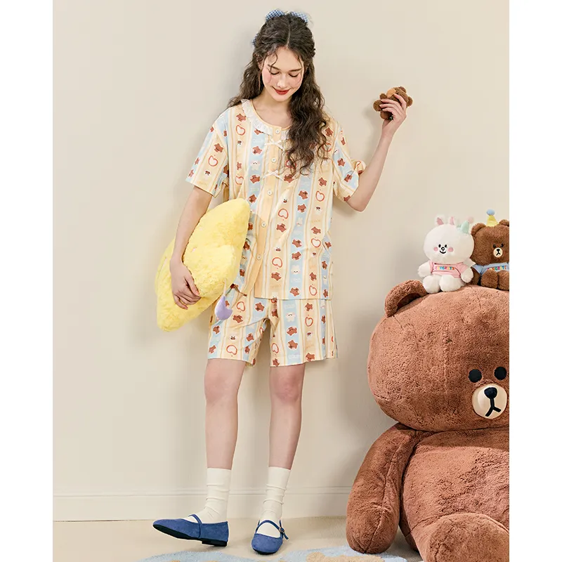 FENTENG x LINE FRIENDS Brown Bear Pajama Set Women's Beige Yellow-4