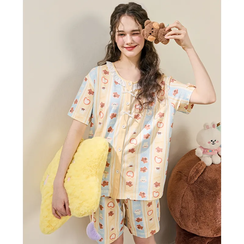 FENTENG x LINE FRIENDS Brown Bear Pajama Set Women's Beige Yellow-3