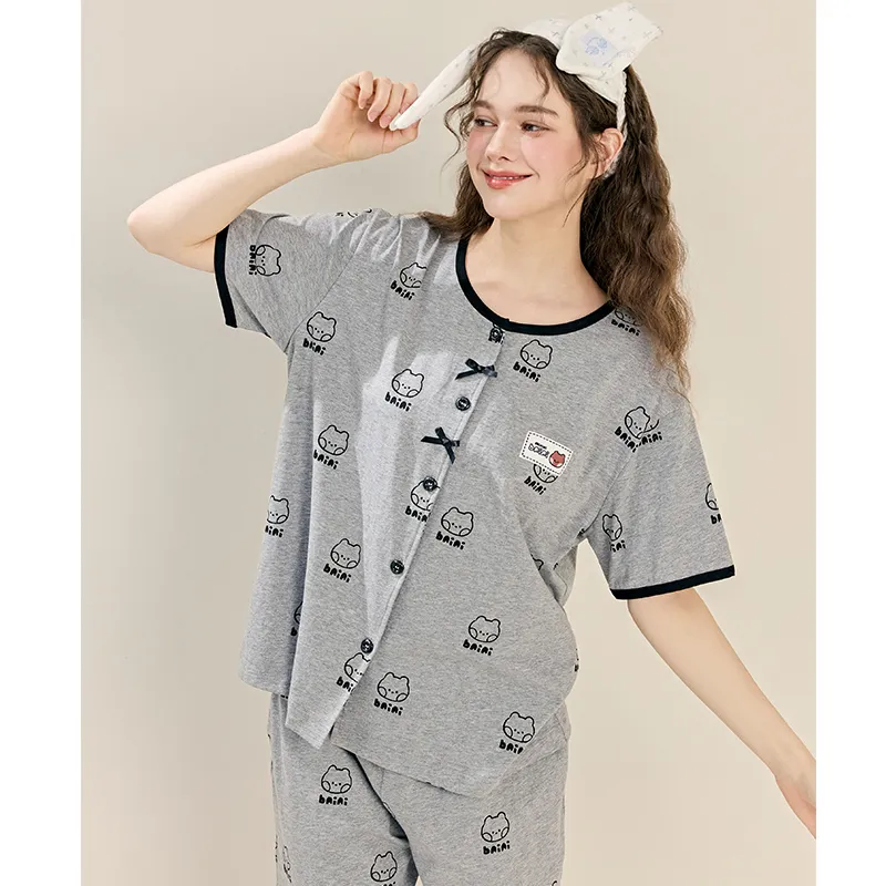 FENTENG x LINE FRIENDS Brown Bear Pajama Set Women's Heather Gray-1
