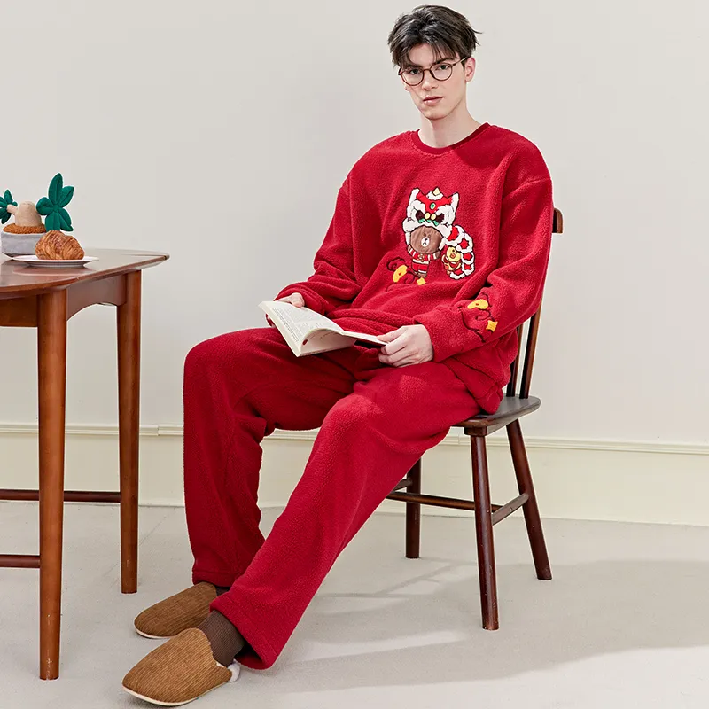 FENTENG Brown Bear Pajama Set Men's Red-3