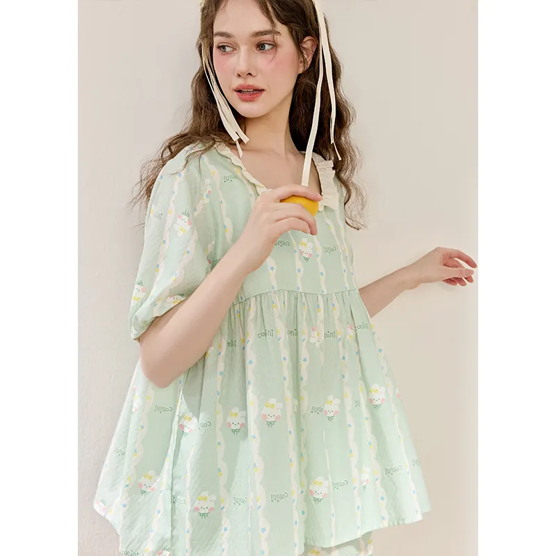 FENTENG Brown Bear Pajama Set Women's Light Green-3