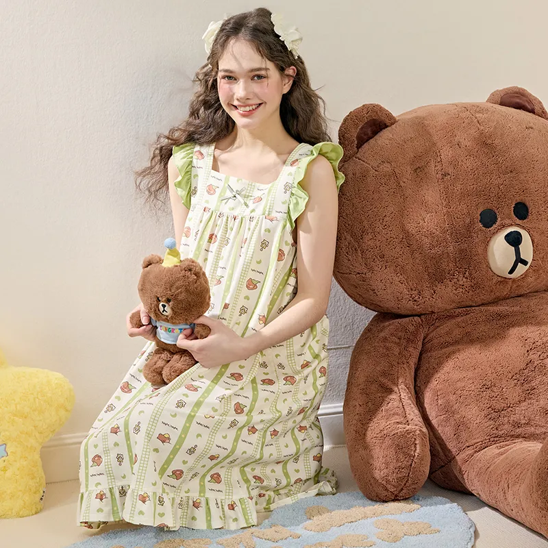 FENTENG Brown Bear Nightgown Women's Grass Green-1