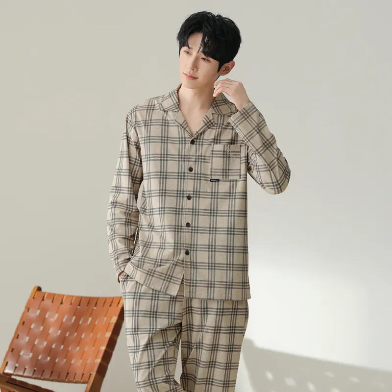 FENTENG Pajama Set Men's Apricot Grid-3