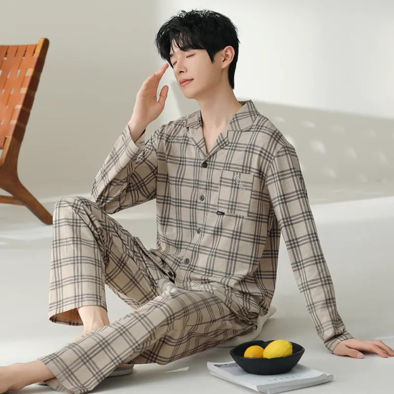 FENTENG Pajama Set Men's Apricot Grid-2