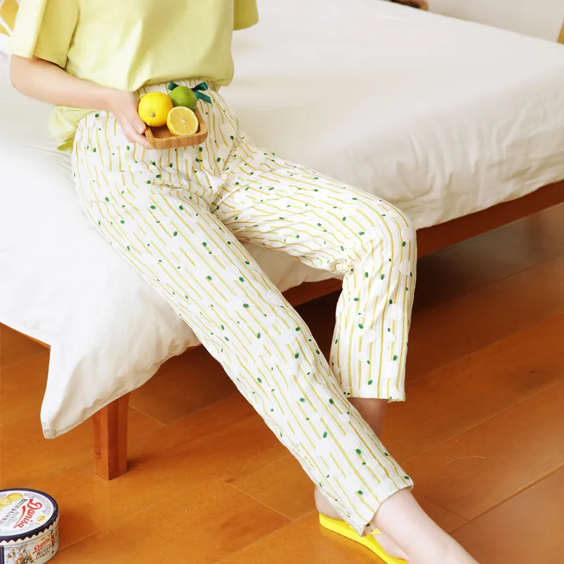 FENTENG Pajama Pants Women's Light Yellow Stripe-1