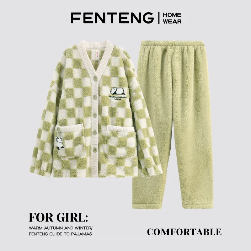 FENTENG Pajama Set Women's Green Plaid-1