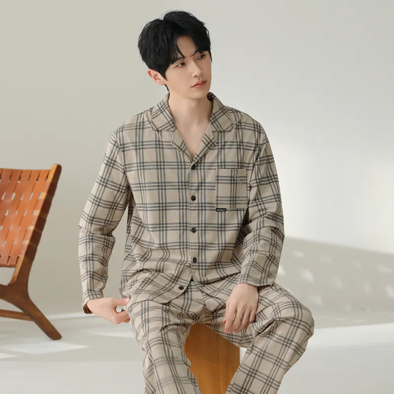 FENTENG Pajama Set Men's Apricot Grid-1