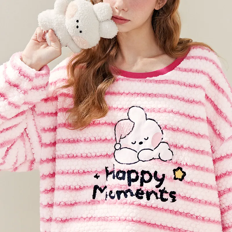 FENTENG Brown Bear Pajama Set Women's Peach Pink Stripe-1
