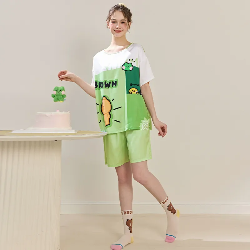 FENTENG Brown Bear Pajama Set Women's Fresh Green-3
