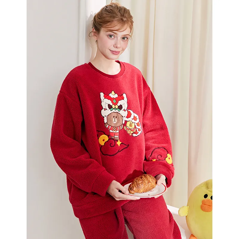 FENTENG x LINE FRIENDS Brown Bear Pajama Set Women's Red-1