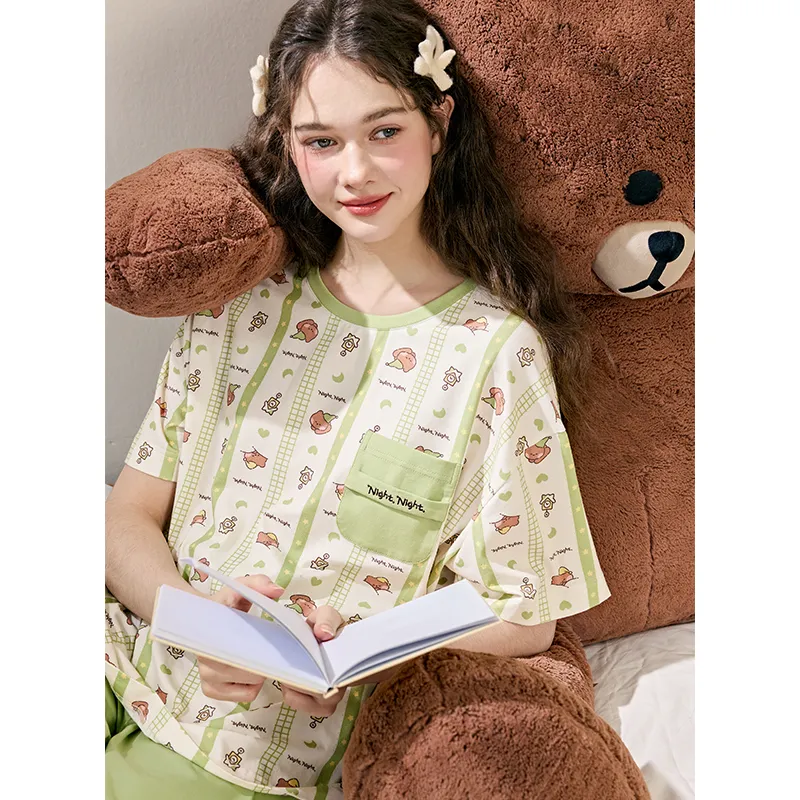 FENTENG x LINE FRIENDS Brown Bear Pajama Set Women's Grass Green-2