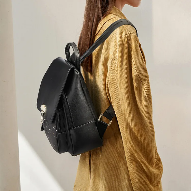 FOXER Cow Leather Handbag, Shoulder Bag, Backpack Medium Size Women's Black-6