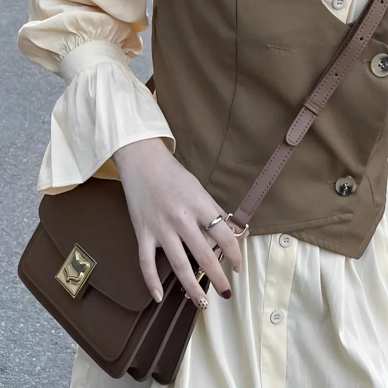 FOXER Cow Leather Small Square Bag Shoulder Bag Small Size Women's Black/Coffee-3