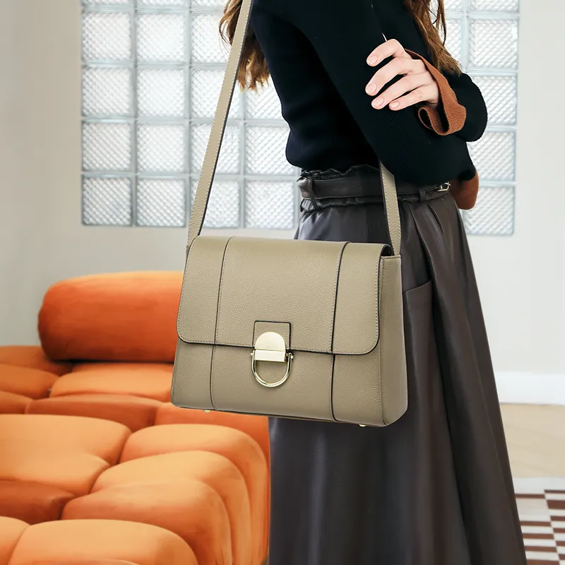 Espin Top Grain Cow Leather Small Square Bag Shoulder Bag Medium Size Women's Black/Khaki/Lake Green/Gold Brown-6