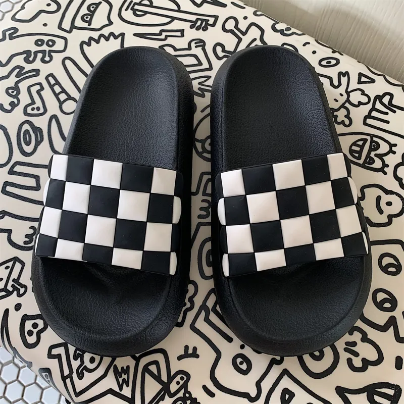 Thin Strips Slippers Unisex, Black White-1