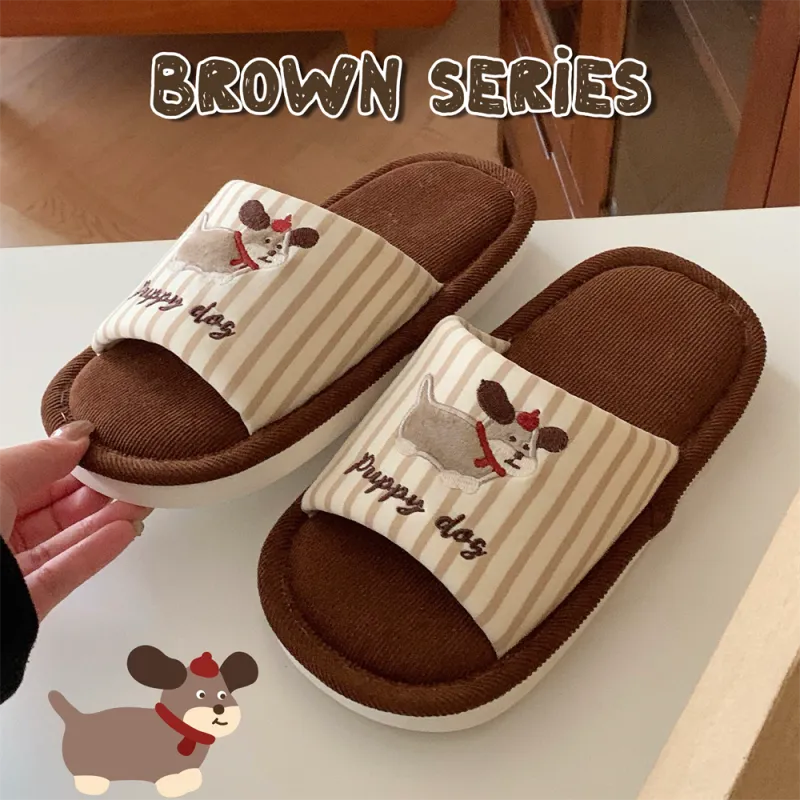 Thin Strips Cotton Linen Blend Slippers Khaki-12