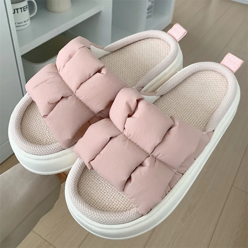 Thin Strips Linen Slippers Unisex, Milk White-10