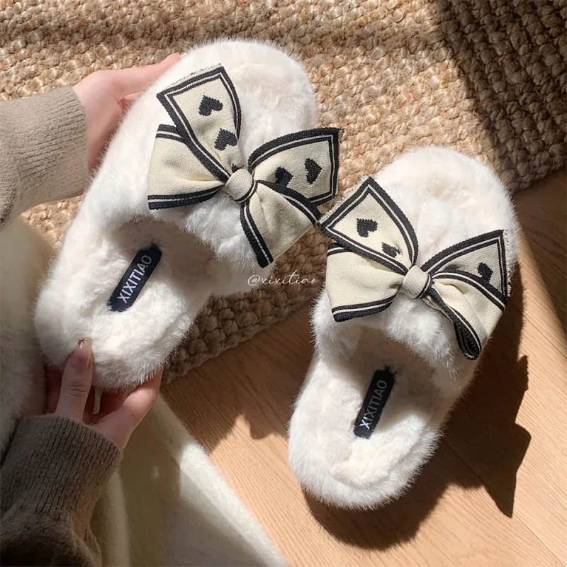 Thin Strips Cotton Slippers Women's, White-4