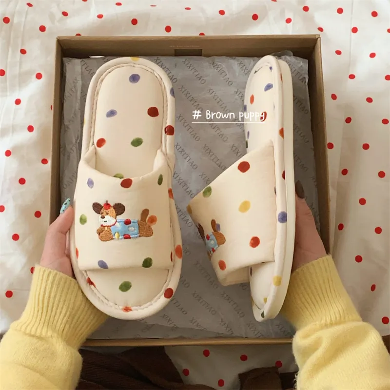 Thin Strips Cotton Linen Blend Slippers Women's, Cream Apricot-6