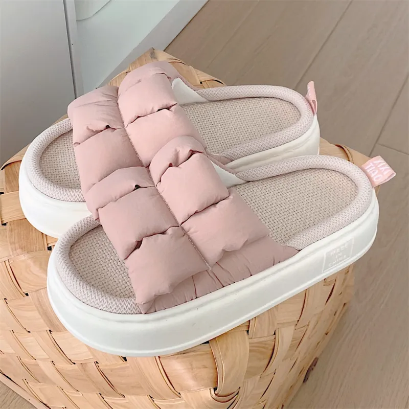 Thin Strips Linen Slippers Unisex, Milk White-6