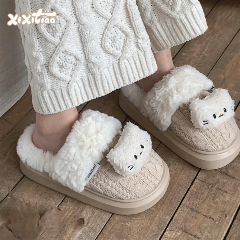 Thin Strips Cotton Slippers, Home Slippers Women's, White-9
