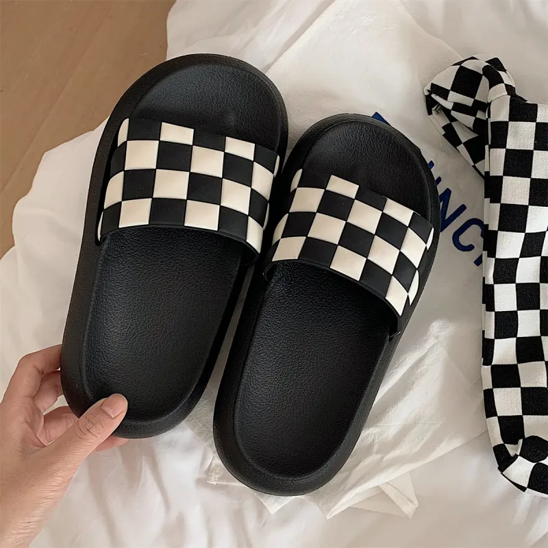 Thin Strips Slippers Unisex, Black White-2