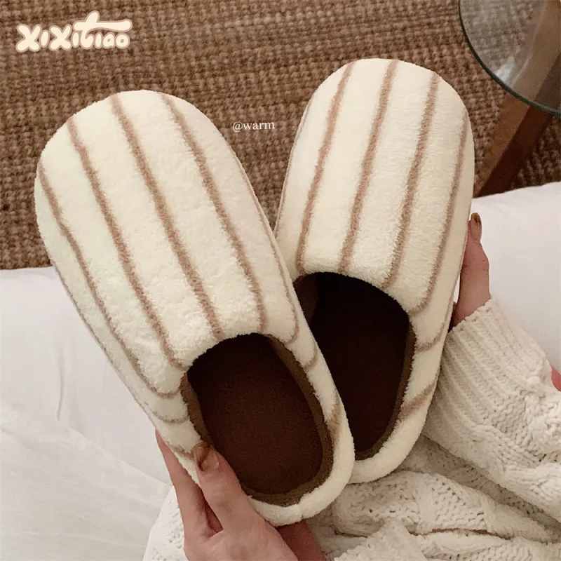 Thin Strips Cotton Slippers Brown-2