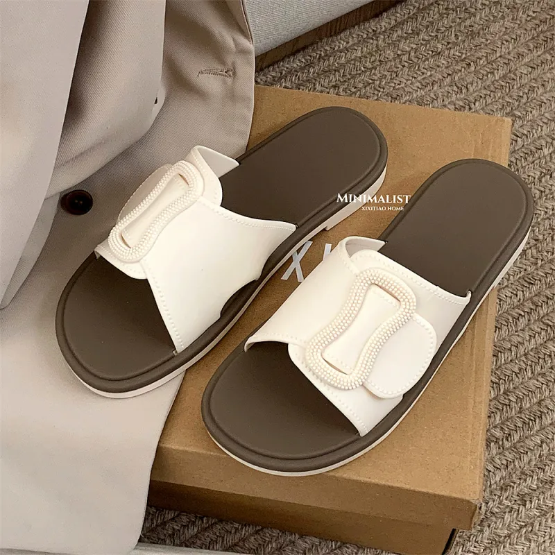 Thin Strips Sandal Slippers Women's, Beige-1