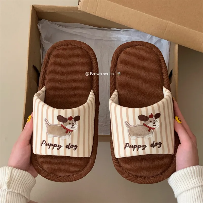 Thin Strips Cotton Linen Blend Slippers Khaki-10