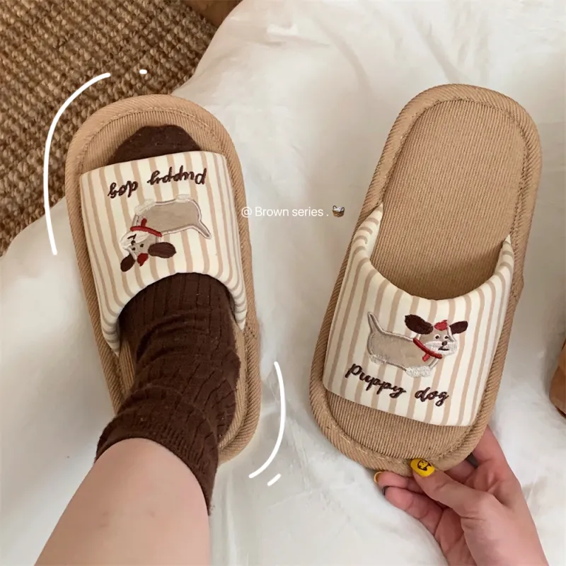 Thin Strips Cotton Linen Blend Slippers Khaki-4