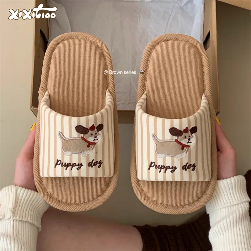Thin Strips Cotton Linen Blend Slippers Khaki-2