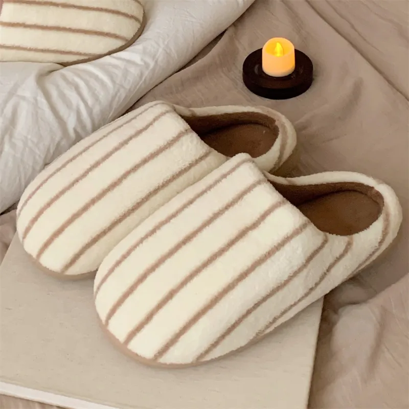 Thin Strips Cotton Slippers Brown-5