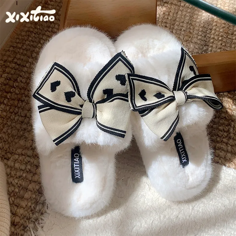 Thin Strips Cotton Slippers Women's, White-2