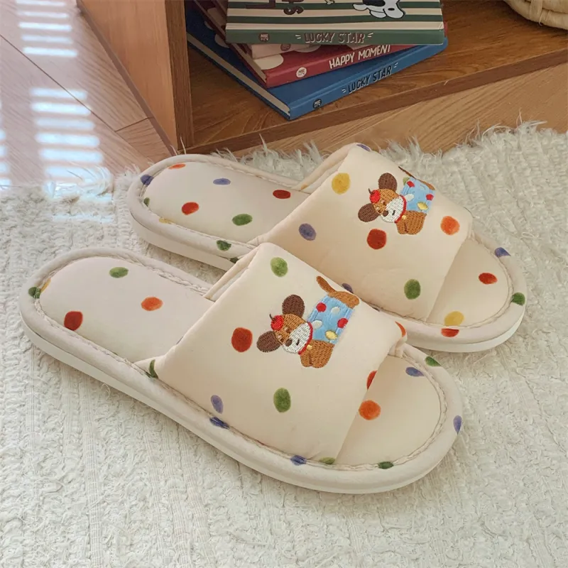 Thin Strips Cotton Linen Blend Slippers Women's, Cream Apricot-2