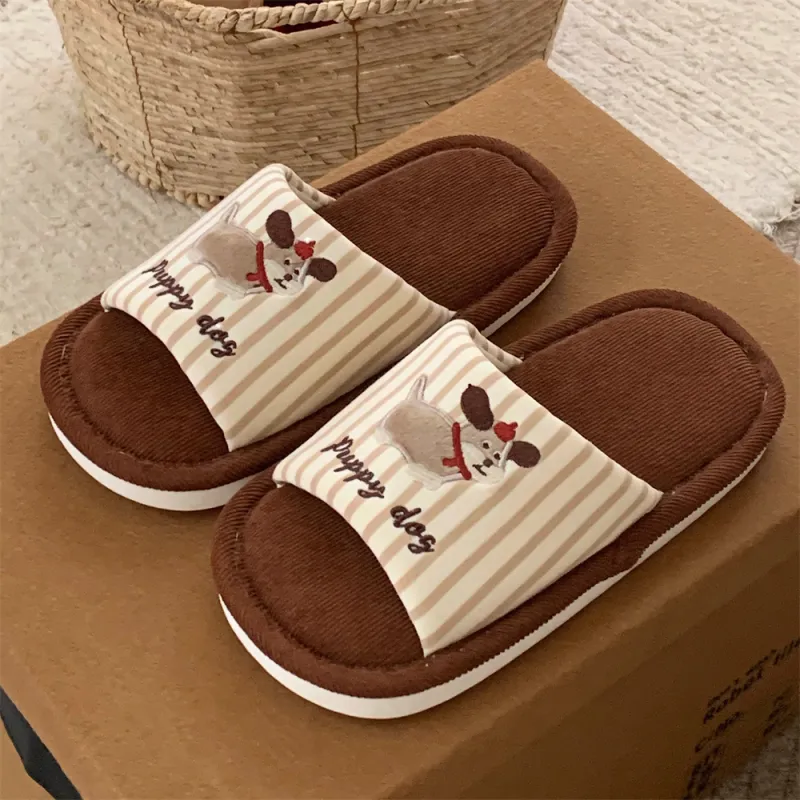 Thin Strips Cotton Linen Blend Slippers Khaki-11