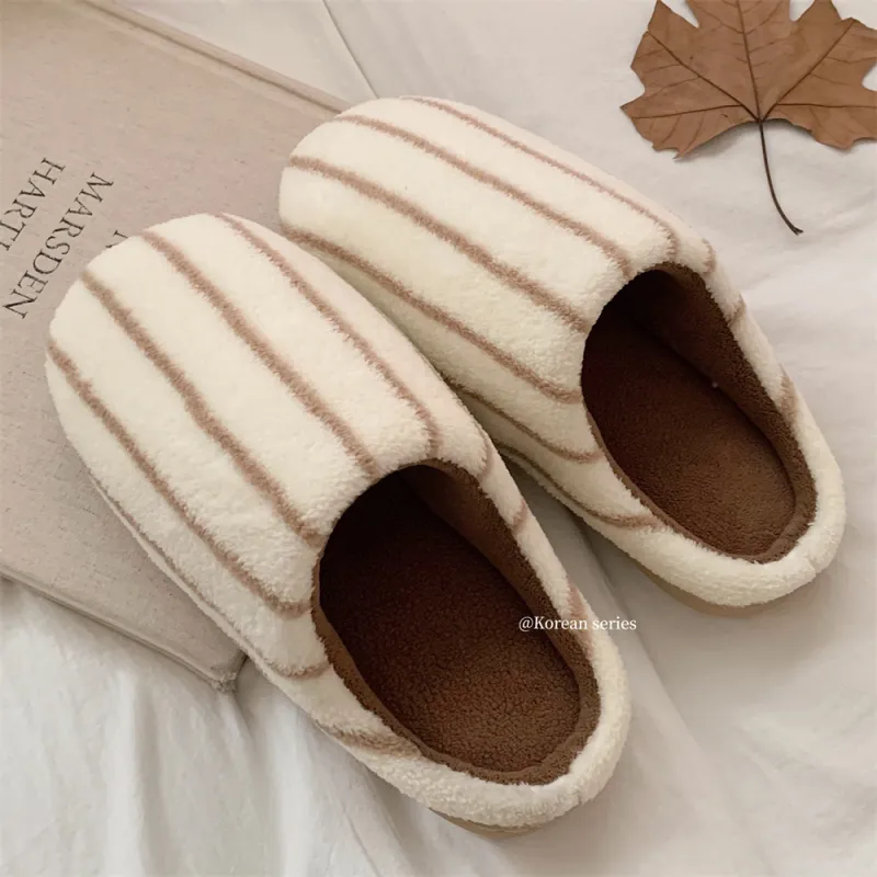 Thin Strips Cotton Slippers Brown-4