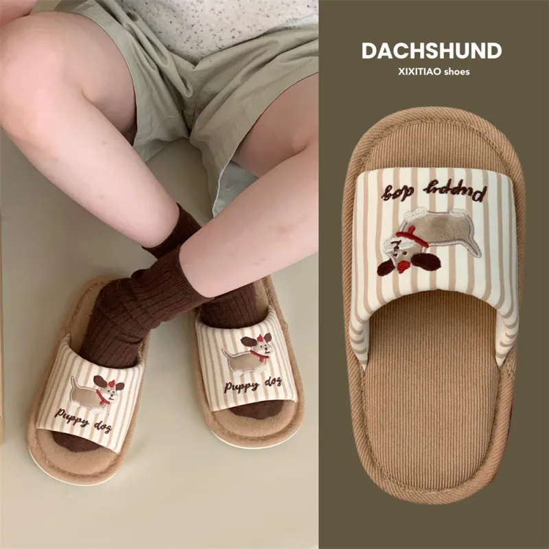 Thin Strips Cotton Linen Blend Slippers Khaki-5