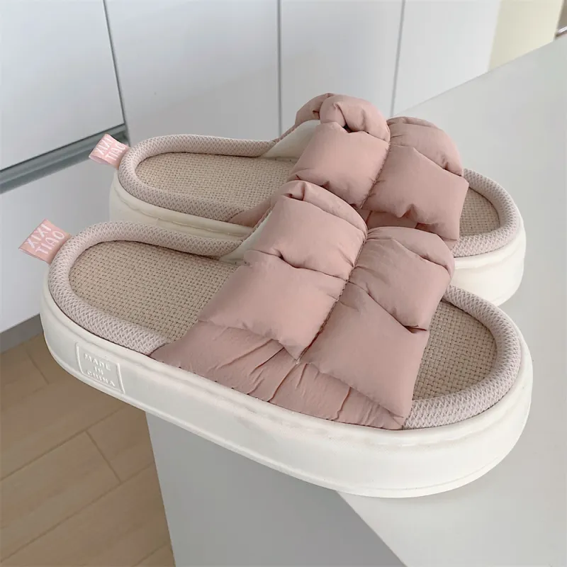 Thin Strips Linen Slippers Unisex, Milk White-8