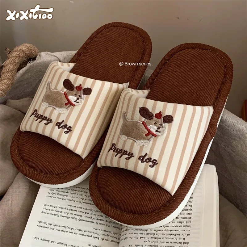 Thin Strips Cotton Linen Blend Slippers Khaki-9
