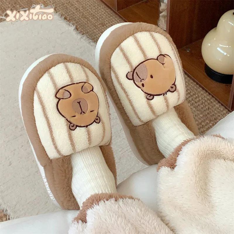 Thin Strips Cotton Slippers Unisex, Light Brown-1