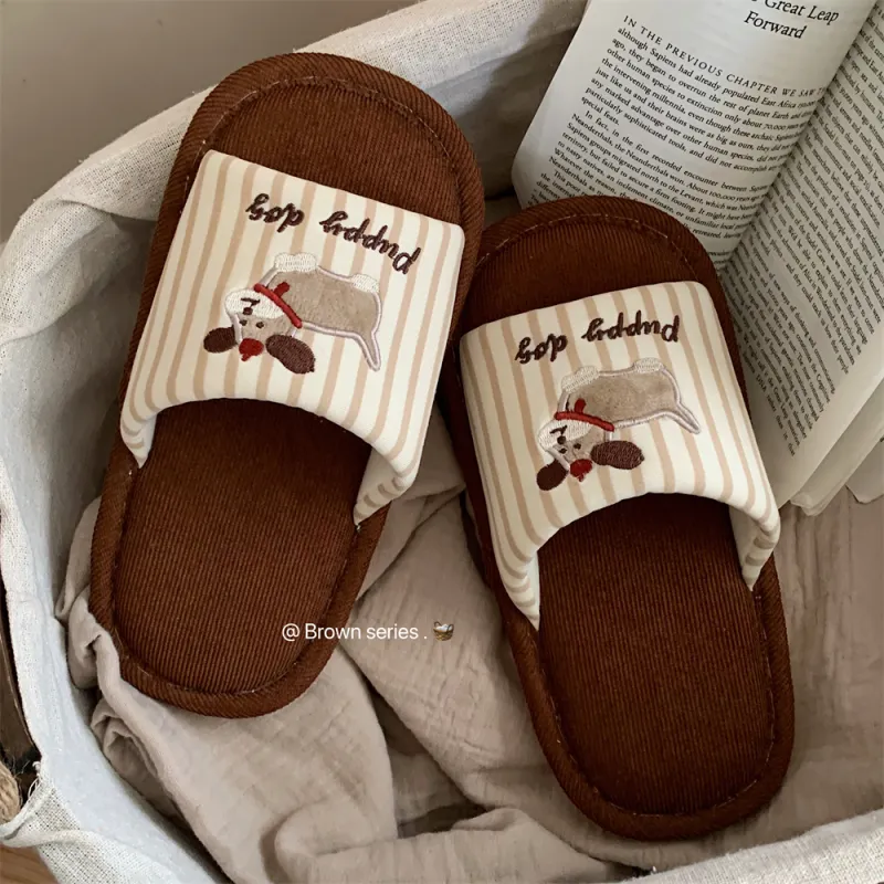 Thin Strips Cotton Linen Blend Slippers Khaki-13