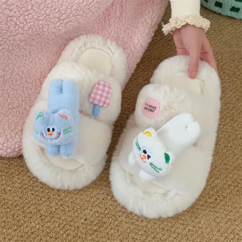Thin Strips Cotton Slippers Women's, White-5