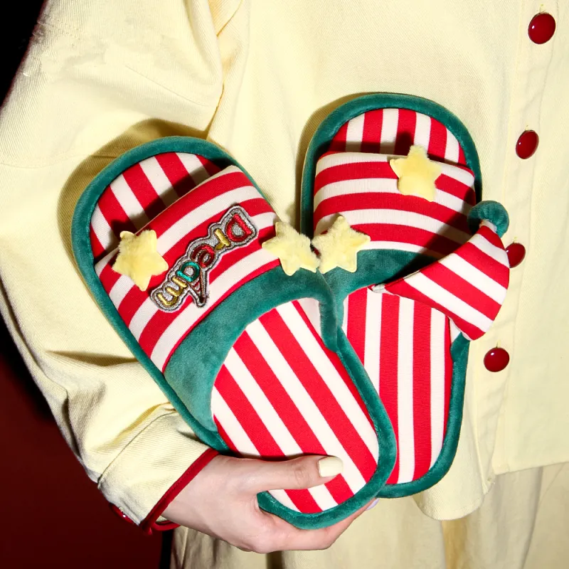 Thin Strips Home Slippers Unisex, Green Red-2
